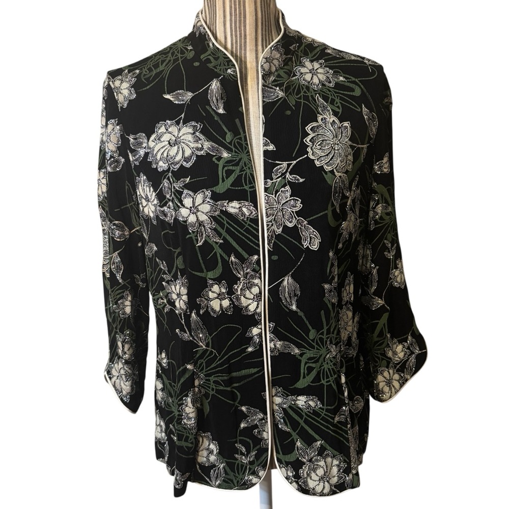 Draper's & Damon's Dress Jacket Large Black Blazer Floral White Silver Glitter